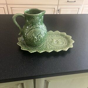 Bordello like new Green Ceramic Pitcher and Tray Set